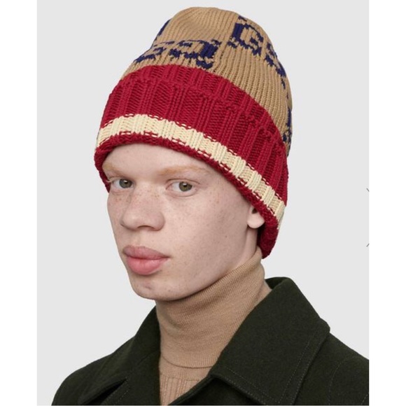 Gucci GG Monogram Dark Beige Red Cotton Beenie - Picture 2 of 12